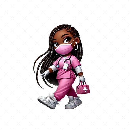 Black Chibi Women Pink Nurse Clipart, Watercolor African American Medical Professional PNG Healthcare Doctor Worker, Commercial Use License - Etsy