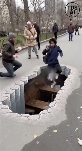 An iPhone video recorded on a busy sidewalk in New York City captures a startling moment involving a highly realistic piece of 3D sidewalk chalk art. The artwork, created by a street artist, depicts what appears to be a deep hole in the pavement and blends seamlessly into the surrounding concrete as pedestrians pass by. According to the footage, one person steps onto the artwork and suddenly drops out of view when the surface gives way, prompting gasps and confusion from nearby onlookers who ini