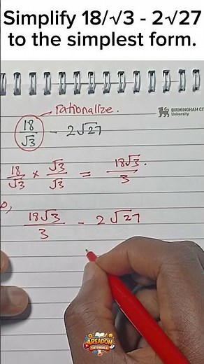 Simplify 18/√3 - 2√27 to the simplest form.#bodmas#maths#mathstrick#iqtestmathisfun#areadontutorials