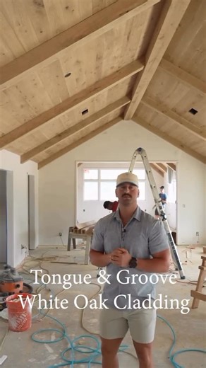 Authentic Wide Plank Flooring on Instagram: "Northern White Oak T&G wall and ceiling cladding. Up to 12’ lengths 6” or 8” widths The beautiful undertones of our white oak cladding complements any of our handcrafted flooring products. Elevate ceiling cladding with our box beams or solid white oak beams. Build @burtonhomebuilders Call us to learn more about availability and lead times. ☎️ 1-979-764-8008 info@hardwooddesigns.net . . . #woodceiling #woodcladding #ceilingcladding #wallcladding #woodb