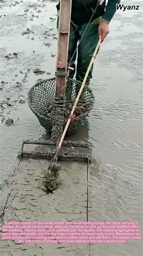 man picking seafood with tongs and basket | daily coastal work routine