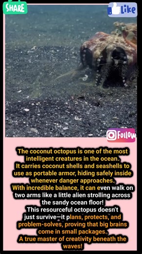 🐙 Coconut Octopus – The Tiny Genius of the Sea! The coconut octopus is one of the most intelligent creatures in the ocean. It carries coconut shells and seashells to use as portable armor, hiding safely inside whenever danger approaches. With incredible balance, it can even walk on two arms like a little alien strolling across the sandy ocean floor! This resourceful octopus doesn’t just survive—it plans, protects, and problem-solves, proving that big brains come in small packages. A true master