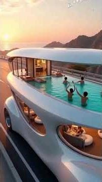 Luxury Moving Pool Bus | Futuristic Double-Decker Swimming Vehicle | Sunset Road Trip