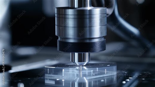 Advanced manufacturing process fabricating precise structures and microfluidic channels onto a clear substrate, featuring a robotic arm and a sharp tool tip working with extreme accuracy