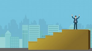 Premium stock video - A cartoon or animated version of a business man, entrepreneur, or a sales executive climbing up a staircase to indicate growth, career development, - business growth concept with a city in background