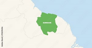 World Map Zoom In To Suriname. Animation in 4K Video. Green Suriname Territory On Blue and White World Map