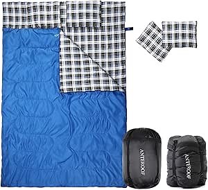 Double-Wide Cotton Flannel Lined Sleeping Bags, 3 Season Rectangular Semi-Rectangular Sleeping Bags Lightweight Warmth with 2 Pillows for Camping Backpacking Hiking Adults/Teens Queen Size XL