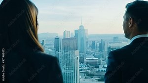 Two business professionals in a high-rise office with a city skyline in the background. Corporate meeting and urban business environment concept