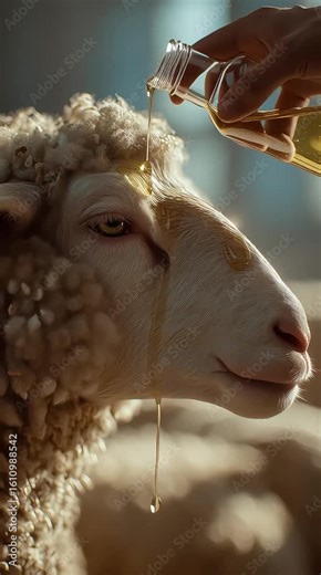 Anointing sheep's head: A close-up captures a tender moment as oil gently drips onto the wooly face of a sheep, symbolizing care, nourishment, and purity.
