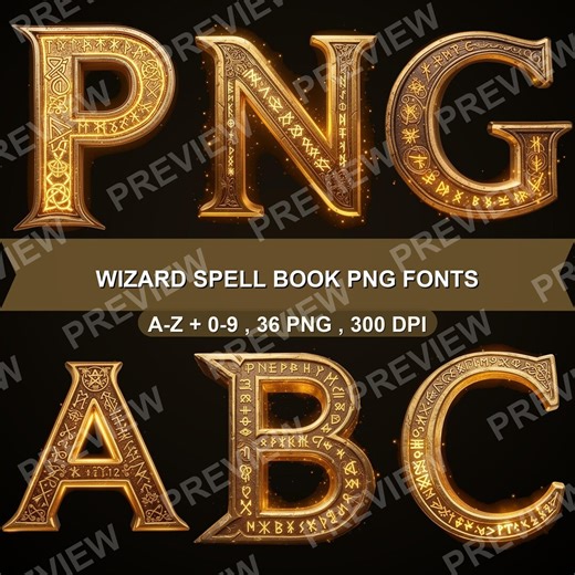 Wizard Spell Book Alphabet PNG Clipart, Golden Magic Letters, Fantasy Digital Download