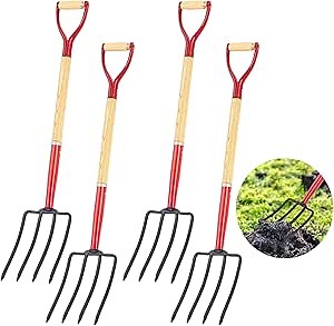 Leriton 4 Pcs 4 Tine Spading Digging Fork Garden Digging Spading Fork 42.52 Inches Pitch Fork Heavy Duty Steel Garden Fork with Wood D Grip Handle Hay Compost Turning Potato Fork