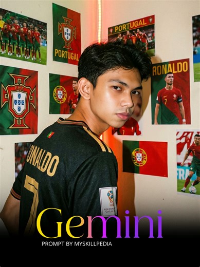 Paste Prompt: Close-up portrait of the man from the reference photo, wearing a portugal black and golden with number 7 full-patch jersey with worldcup badge and everything in detail. He has a trendy pose, looking directly at the camera. The background is an ivory white wall decorated with portugal team posters and ronaldo posters. Lighting is bright, direct flash photography creating sharp shadows and high contrast, with some neon light glow from LED strips in the corner. The visual style is gra