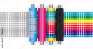 CMYK printing concept process with top view of printer rollers and color chart - 3D animation seamlessly loopable