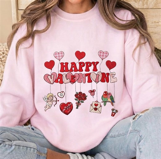 Embroidered Valentine Sweatshirt, Hanging Hearts Cupid Crewneck, Happy Valentine Shirt, Retro Love Gift for Her - Etsy