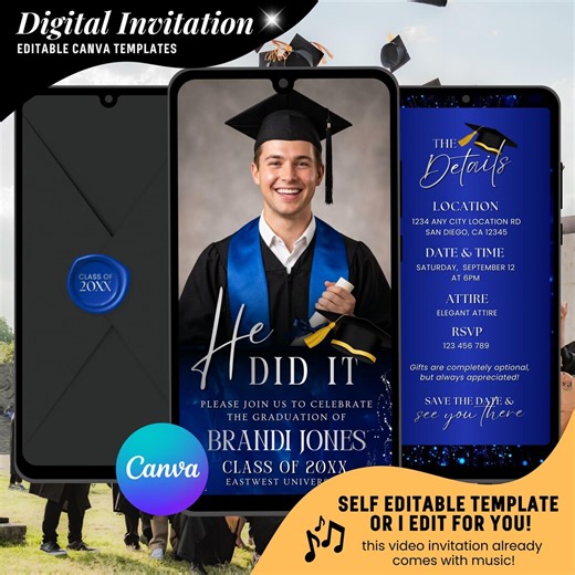 Blue Graduation Video Invitation, Silver Grad Editable Digital Invitation, All Text Editable : Instant Download - Etsy
