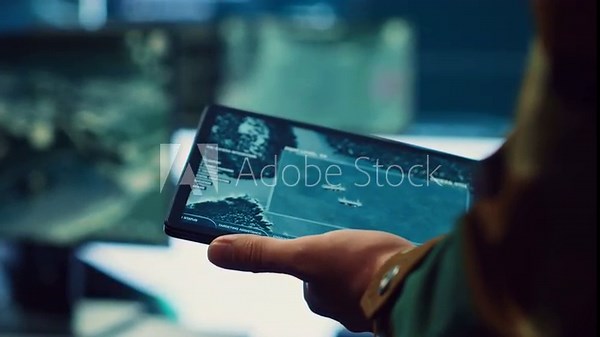 Navy operations specialist following hostile warship trajectory around the national waters, working on ensuring protection via satellite radar system on a tablet. IT professional. Close up. Camera A.