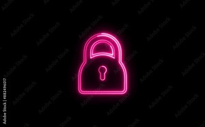 glowing neon blue color lock animation icon, padlock shield animated icon protective shield lock guard barrier icon, Technical lock icon for device screen, apps or online security for hacking.