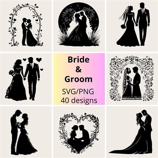 Bride and Groom Silhouette SVG PNG Bundle: 40 Wedding Designs - Etsy