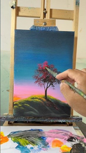 Easy Night Sky & Mountain Tree Painting 🌌 Acrylic Tutorial for Beginners