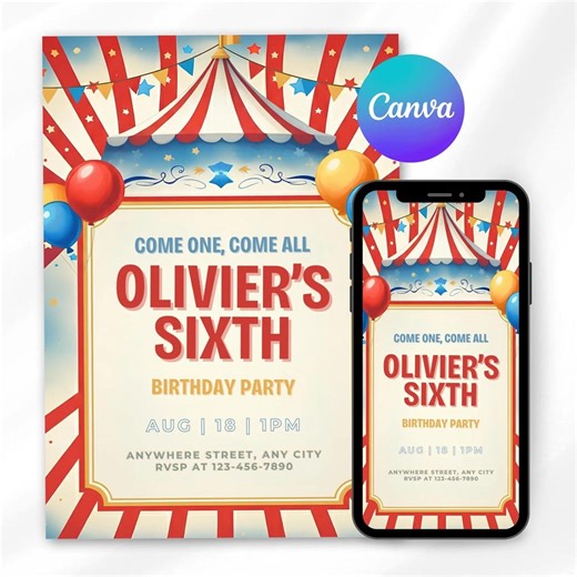 Circus Birthday Invitation Template, Red and Blue Carnival Party Invite, Editable Digital Download, Kids Carnival Theme, 5x7 A6 Mobile - Etsy