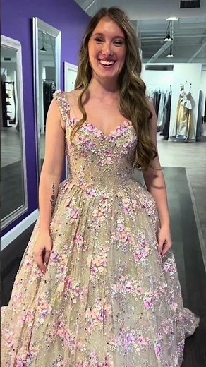 Portia and Scarlett Prom and Pageant Dress with Gold Sparkles and Floral Appliques