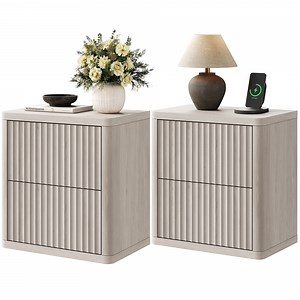 SICOTAS Fluted 2 Drawer Nightstand Set of 2, 22.75" W Small Modern Bedside Table with Large Handless Drawers, Curved Edge Design, Wooden End Table for Bedroom, Living Room, Grey