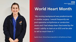 ❤️ Why I chose cardiology with Sophie Hunt, Clinical Nurse Specialist in arrhythmia at King's, who met with us for #WorldHeartMonth... We asked Sophie about her inspiration to become a specialist nurse in arrhythmia, known as ‘abnormal heart rhythm’. Arrhythmia is when your heart beats too quickly or too slowly or your heartbeat is not steady. She said: "My nursing background was predominantly in cardiac surgery. I would frequently see post-operative arrhythmias or conduction issues and I had al