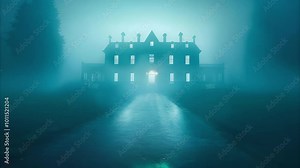 A large, eerie mansion shrouded in fog, with illuminated windows and a mysterious atmosphere.