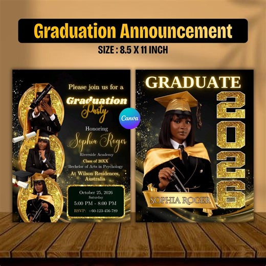 Gold Black Graduation Announcement Invitation Template, Senior 2026 Flyer, Senior Graduate Party Invite,grad Girl Invite With Photo Announce - Etsy