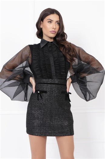 Chemisier noir élégant : manches en organza transparent et col en satin - Etsy France