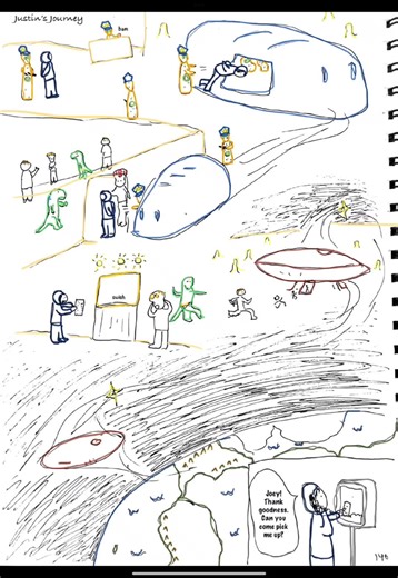 Justin breaks out of animal rescue and steals a ship with a bunch of aliens to be returned home