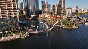 elizabeth quay bridge perth australia sunset boats river aerial 4k