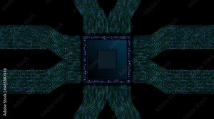 Microchip 3d animation cyberspace visualization, semiconductor, square motherboard with electrical pulses of information for data storage