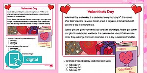 First Grade Valentine's Day Reading Passage Comprehension Worksheet