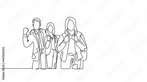 Animated self drawing of continuous line draw businessman and businesswoman line up celebrates their successful project while fist hands. Business teamwork concept. Full length single line animation.