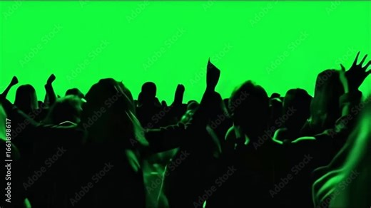 Green Screen Crowd Silhouette: Silhouetted figures revel in the energy of a crowd, bathed in the vibrant glow of a green screen, ideal for compositing and creative freedom.