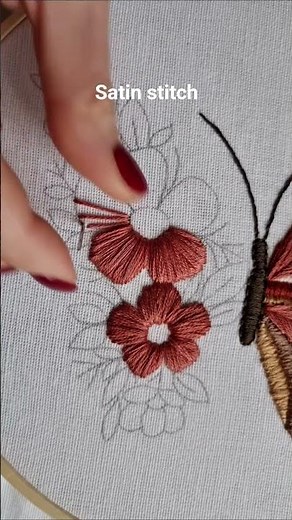 Satin stitch flower embroidery🌸 Butterfly pattern🧡 #embroidery #tutorial #diy #handmade #art #craft