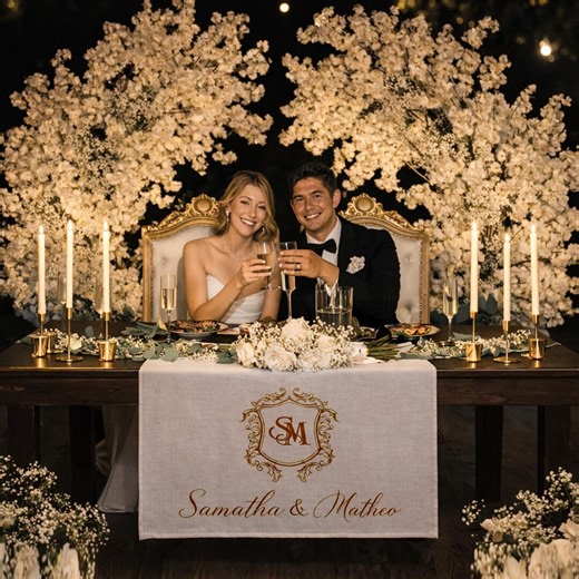 Personalized Wedding Table Runner, Monogram Crest Linen Banner, Sweetheart Table Decor, Luxury Reception Sign