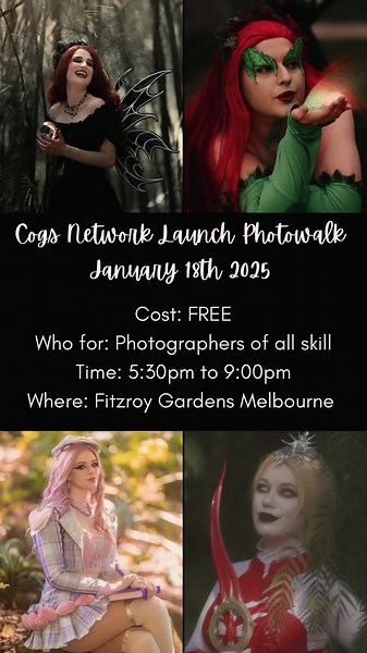 Cogs Network Launch Photowalk 2025 When: Saturday 18th January Cost: Free For: Photographers Where: Fitzroy Gardens Melb When: 5:30pm-9:00pm Featuring: Littlemonstercreates Valkyriecosplay Radariant Kangarrru Oneclearlycrazy18 Teatherxrie Hamlets.daughter Molecular.mage Robbyretrowave Artfulkey.cos _zoe_elisabeth__ Cos_jester Andi.tries.cosplay Cinnamon song.cos #cosplay #photowalk #cogsnetwork #melbournephotowalk #cosplayphotowalk