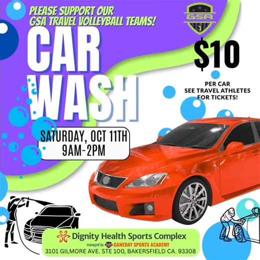 GSA Volleyball on Instagram: "Get your car sparkling clean! Support our boys' volleyball team at their car wash event on Saturday, Oct. 11th from 9am-2pm. $10 per car, donations appreciated!"