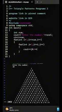 C++ Number Pattern Program 🔥 | 0 1 Triangle Pattern Using Loops | C++ #Shorts