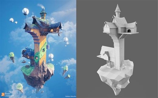 3dmax三维建筑场景：新手入门案例--- 空中石头小房子模型制作