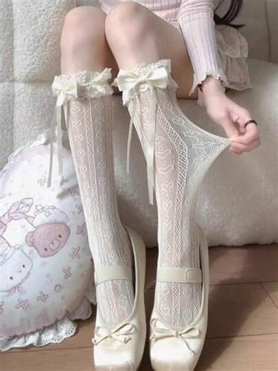 1 Pair Japanese Style Lolita Lace Trim Knee High Socks, Thin Leg Warmers For Women, Bowknot Lace Hollow Heart Leg Warmers, Elegant Gothic Lolita Pattern Socks, Suitable For Fashion And Daily Wear | SHEIN