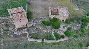 Dovecotes and landscape and in the surroundings of the town of Yelo seen from a drone in the region of Arcos de Jalón. Soria Province. Castile and Leon. Spain. Europe