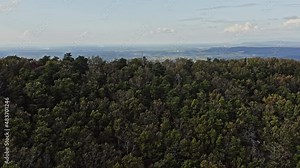 Pine Log Mountain Georgia Aerial v2 low level dramatic establishing shot flying over tree top line on mountain peak and revealing the beautiful mountain slope landscape - October 2020