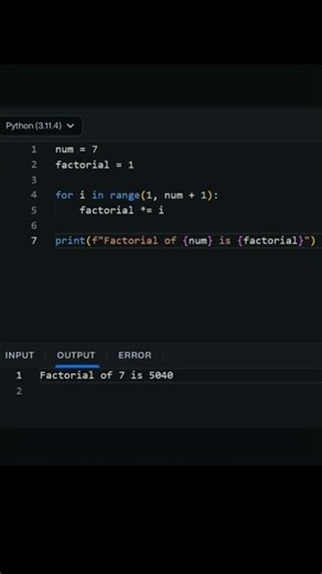 Factorial Using Loop | Factorial In Python | Python Compiler #coding #python #programming #shorts