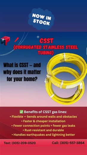 Hialeah Appliance Parts on Instagram: "CSST (Corrugated Stainless Steel Tubing) is a modern gas piping system that’s flexible, lightweight, and easier to install than traditional black iron pipes. ✅ Benefits of CSST gas lines: • Flexible — bends around walls and obstacles • Faster & cheaper installation • Fewer connection points = fewer gas leaks • Rust-resistant and durable • Handles earthquakes and lightning better ⚠️ IMPORTANT: CSST must be properly bonded and grounded to prevent damage from 