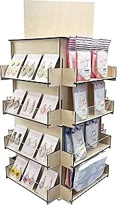 4-Sided Rotating Display Stand - Craft Shows, Trade Shows, Markets - Small & Medium-Sized Items like Stickers, Postcards, Coasters, Note Pads, Napkins - Heavy-Duty, Easy to Assemble (Natural)…