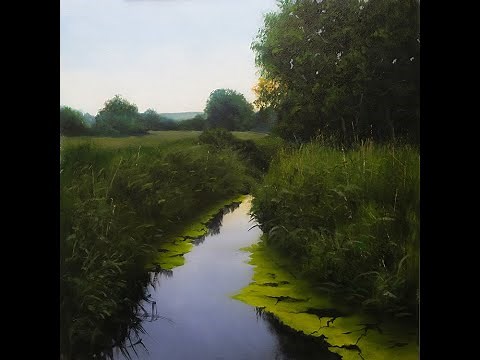 How to paint a landscape, trees, water, reflections, sky and grass