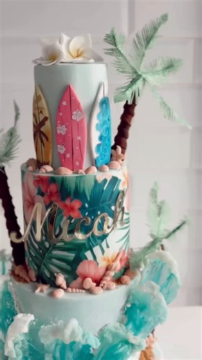 Riding the waves with this 3-tier surfing beach-themed cake 🌊🏄‍♂️ #BeachCake #SurfCake #TropicalVibes #WaveRider #CustomCakes | Desserts Bar Davao
